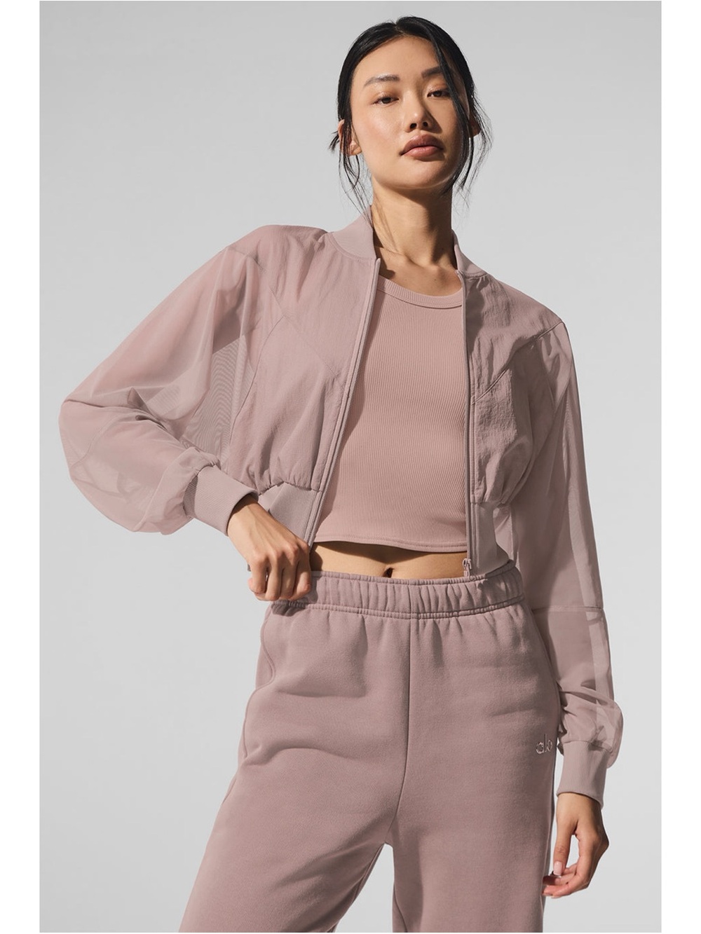 EUC XS Alo Cropped Air It Out Bomber Sheer Dusty Pink Zip Bomber Jacket - Picture 7 of 10